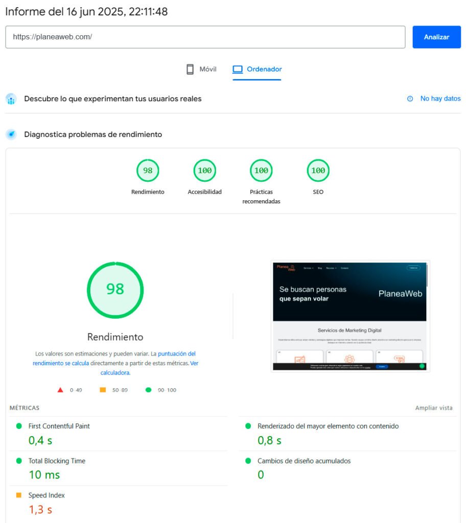 PageSpeed - PlaneaWeb - ordenador