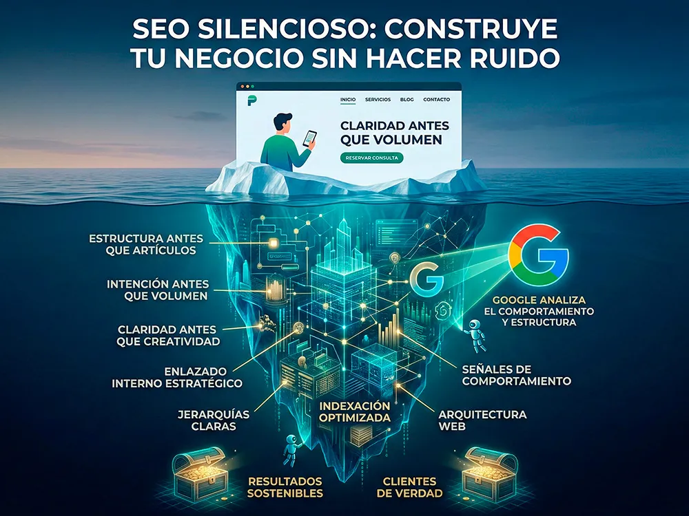 Representación visual del concepto de SEO silencioso: posicionamiento web basado en estructura, intención de búsqueda y claridad