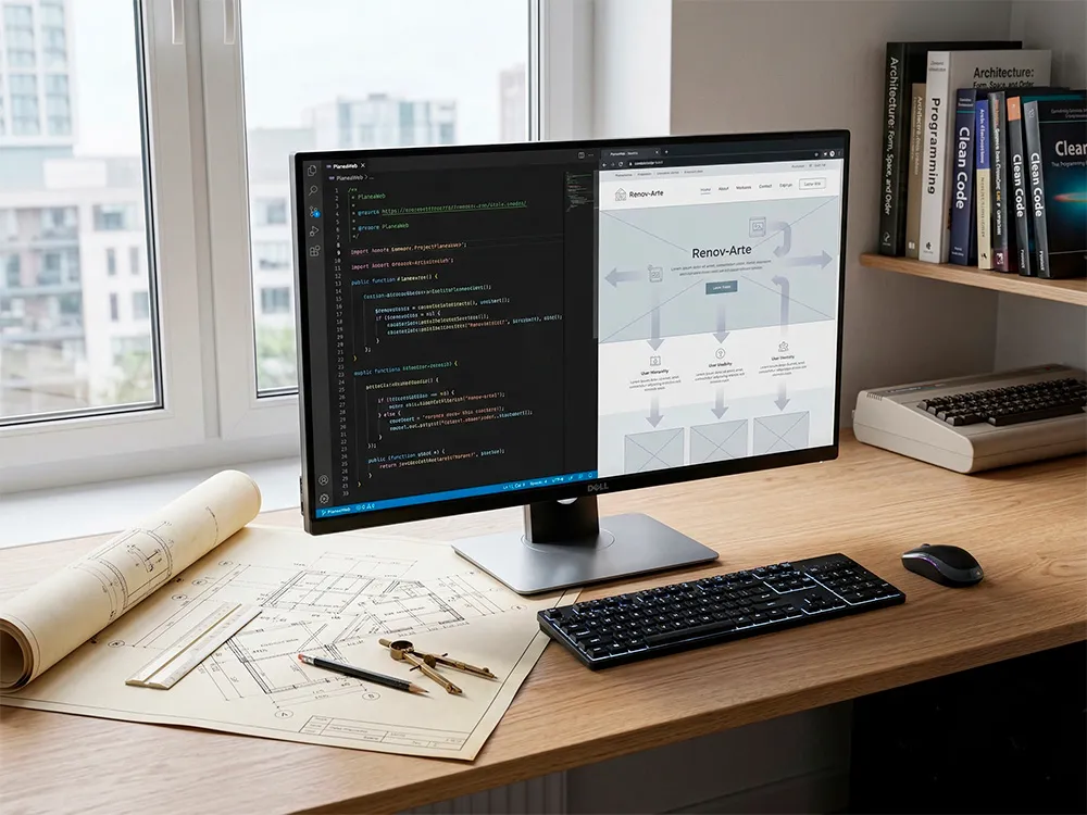 Escritorio de trabajo que muestra un plano de arquitectura junto a un monitor moderno con código de programación y un ordenador retro, simbolizando el paso de arquitecto a desarrollador web.