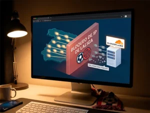 Ilustración del bloqueo de IPs de LaLiga interceptando el tráfico entre los usuarios españoles y un servidor de Cloudflare, con el error ERR_CONNECTION_TIMED_OUT