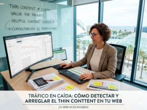 Análisis de thin content en Google Search Console con informes de auditoría SEO sobre la mesa