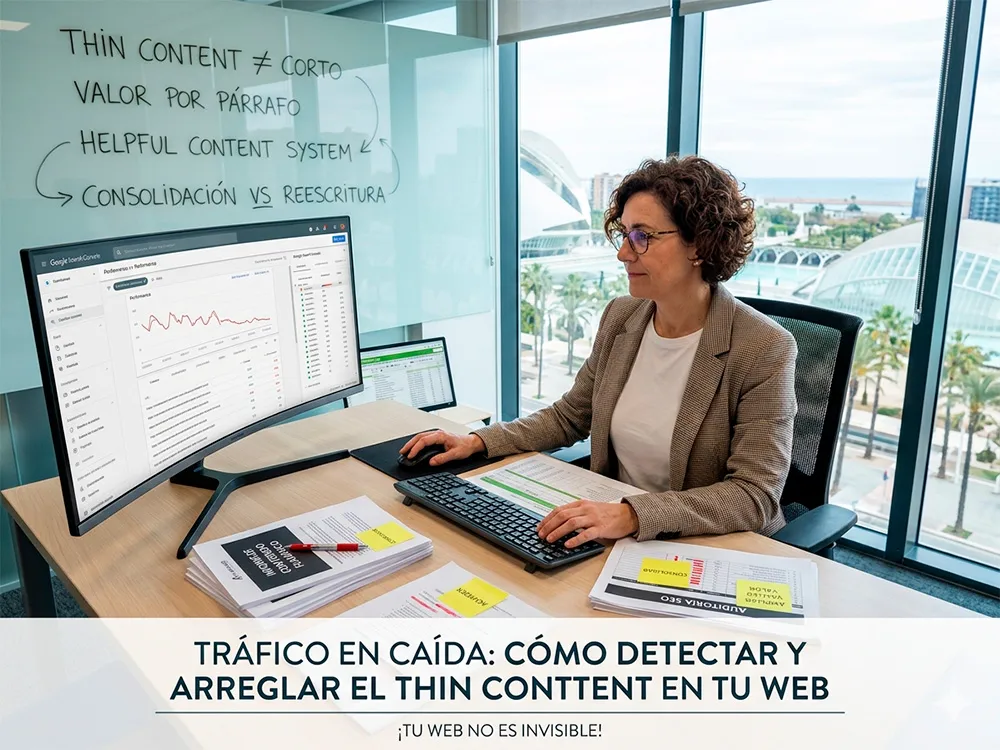 Análisis de thin content en Google Search Console con informes de auditoría SEO sobre la mesa