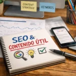Cuaderno con las palabras SEO y contenido útil junto a un móvil con Google abierto y documentos de analítica web