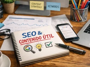 Cuaderno con las palabras SEO y contenido útil junto a un móvil con Google abierto y documentos de analítica web