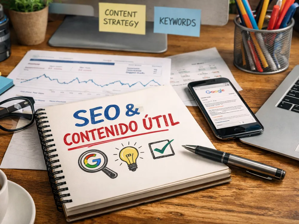 Cuaderno con las palabras SEO y contenido útil junto a un móvil con Google abierto y documentos de analítica web