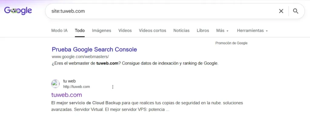Búsqueda site:tuweb.com en Google que muestra una única página indexada con el texto de la antigua página de aparcamiento de Cloud Backup
