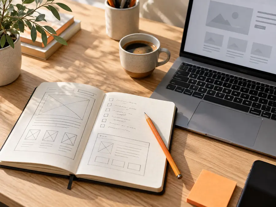Cuaderno con bocetos y una lista de tareas junto a un portátil para planificar una página web