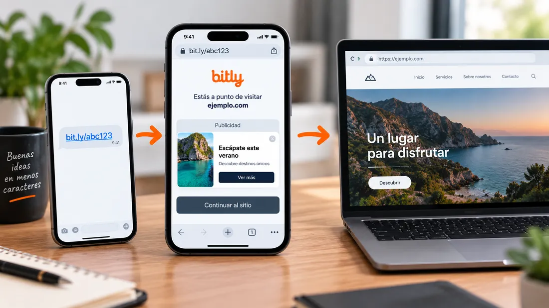 Recorrido de un enlace gratuito de Bitly a través de una página intermedia con publicidad