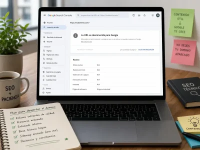 Portátil sobre un escritorio mostrando Google Search Console con el mensaje "La URL es desconocida para Google"